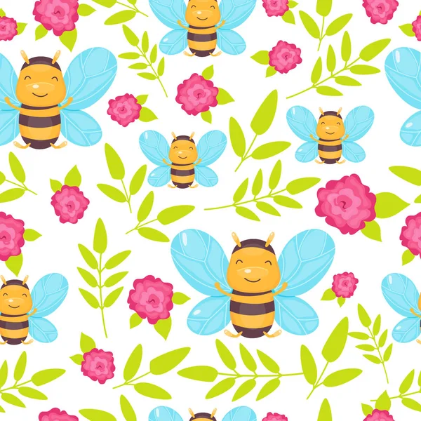 Cute Seamless Pattern Bees Green Leaves Pink Flowers Cartoon Flat — Stock Vector