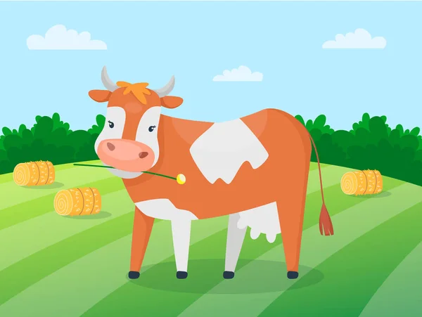 Чарівна мила корова на зеленому лузі. Сільський ландшафт поля. Векторний дизайн для молочної упаковки або ілюстрації для дітей . — стоковий вектор