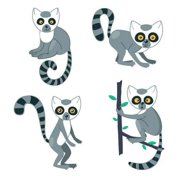 Lemur cute set. Funny animal characters with striped tails and big eyes. — Stock Vector