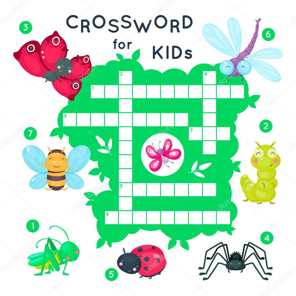 Cute cartoon baby insects crossword for kids. Puzzle game for children. Butterfly and bug, bee and dragonfly.