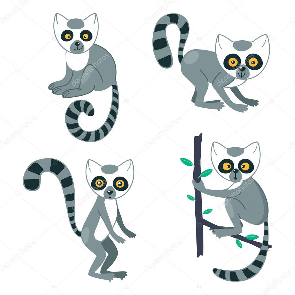 Lemur cute set. Funny animal characters with striped tails and big eyes.
