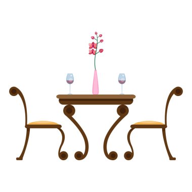 Masa ve sandalyeler ile gözlük ve çiçek vazo. Yemek Mutfak mobilya.