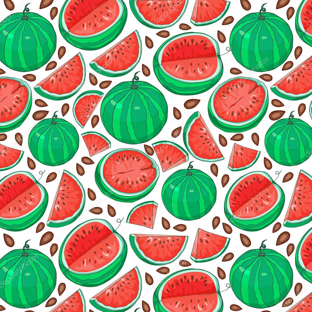 Watermelon seamless pattern with sliced fruits. Vector illustration