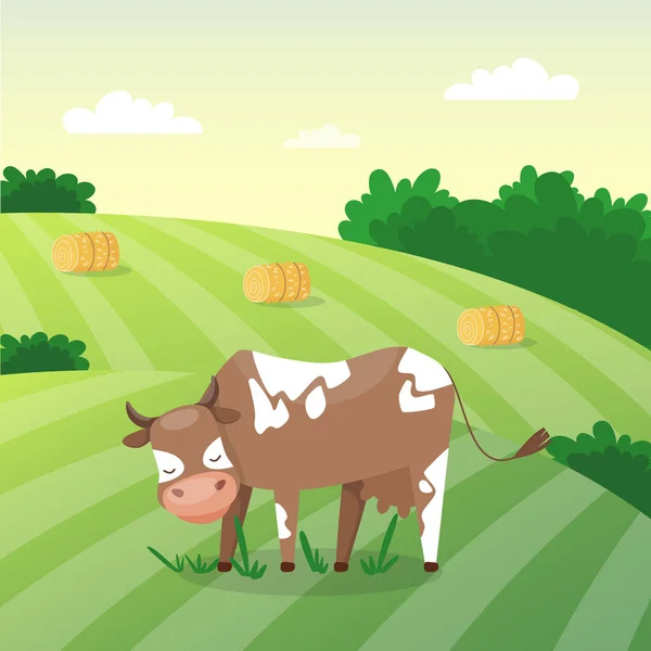 Чарівна мила корова на зеленому лузі зі стопами сіна. Сільський ландшафт поля. Векторний дизайн для молочної упаковки або ілюстрації для дітей — стоковий вектор