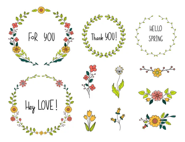 Flower doodle set. Collection of floral elements and hand drawn letters, compositions and wreath. Graphic rustic design for greeting invitation cards and prints. — Stockvector