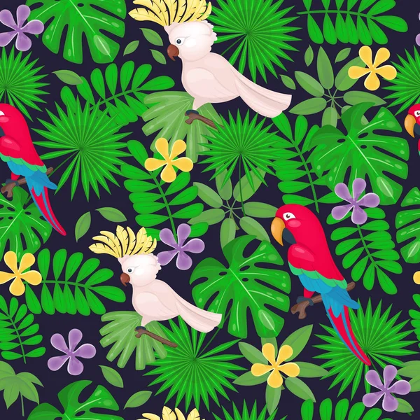 Beyaz arka plan üzerinde tropikal yaprakları ve çiçekleri ve papağan ile Jungle dikişsiz desen. Vektör çizimi. — Stok Vektör