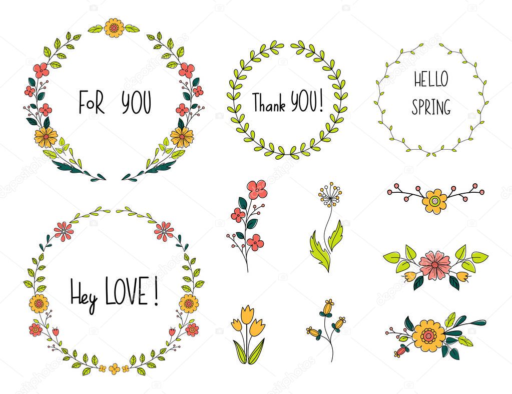 Flower doodle set. Collection of floral elements and hand drawn letters, compositions and wreath. Graphic rustic design for greeting invitation cards and prints.