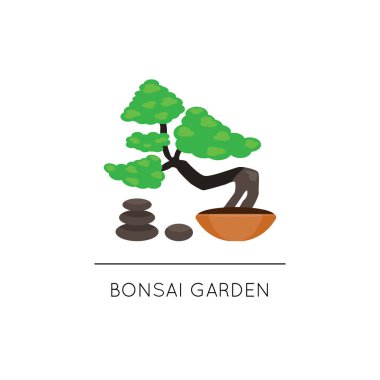 Logo için Bonsai ağaç kompozisyonu. Japon bitki ve bahçesi. Vektör çizimi