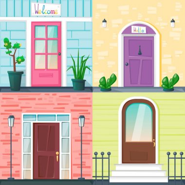 Set of entrance doors on the different wall backgrounds with lanterns, fence and plants in pots. Bright vector illustration. clipart