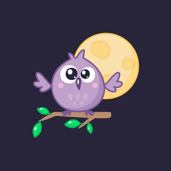 Hibou sur la branche avec des feuilles sur le fond sombre avec lune jaune. Cartoon oiseau emoji et autocollant. Illustration vectorielle. Kawaii ! — Image vectorielle