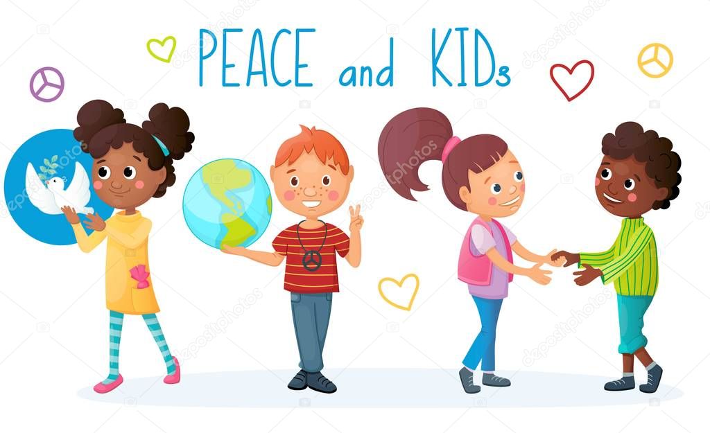 Kids and peace concept. Girl with white dove in her hands. Boy and earth globe. Children hold hands. Friendly relations. Vector illustration.