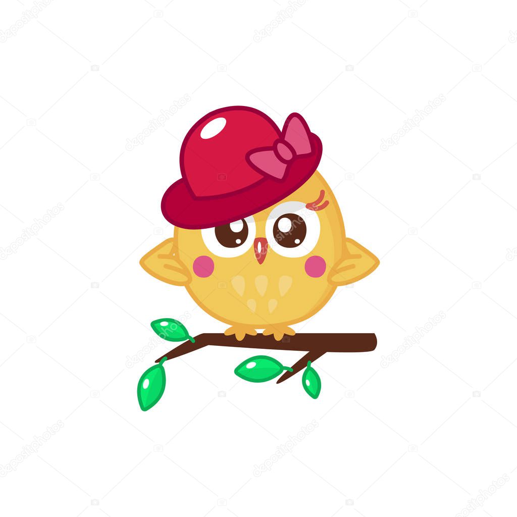 Owl lady with hat on the branch with leaves. Cartoon bird emoji and sticker. Vector illustration. Kawaii