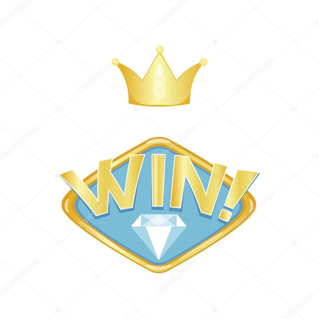 Winner label with diamond and crown. Vector illustration. Cartoon