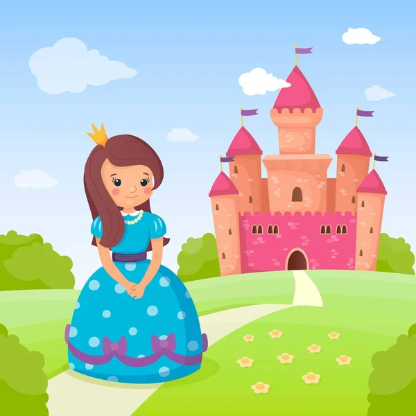 童话公主在蓝色美丽的礼服和她的可爱的粉红色城堡。漂亮的女孩在路上回家。与皇宫的夏季景观。卡通风格, — 图库矢量图片