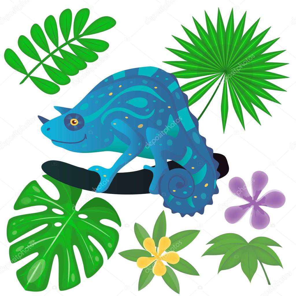 Iguana on the tree and jungle plants. Chameleon between palm and monstera leaves. Vector illustration.