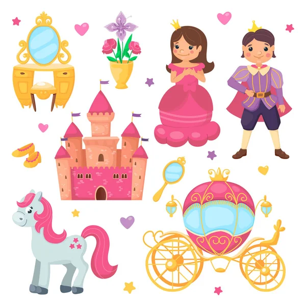 Prenses kız ve prens erkek karikatür seti. Güzel taşıma, sevimli kale, pembe yele, ayna ve çiçek li vazo ile sevimli midilli ile Kraliyet koleksiyonu.