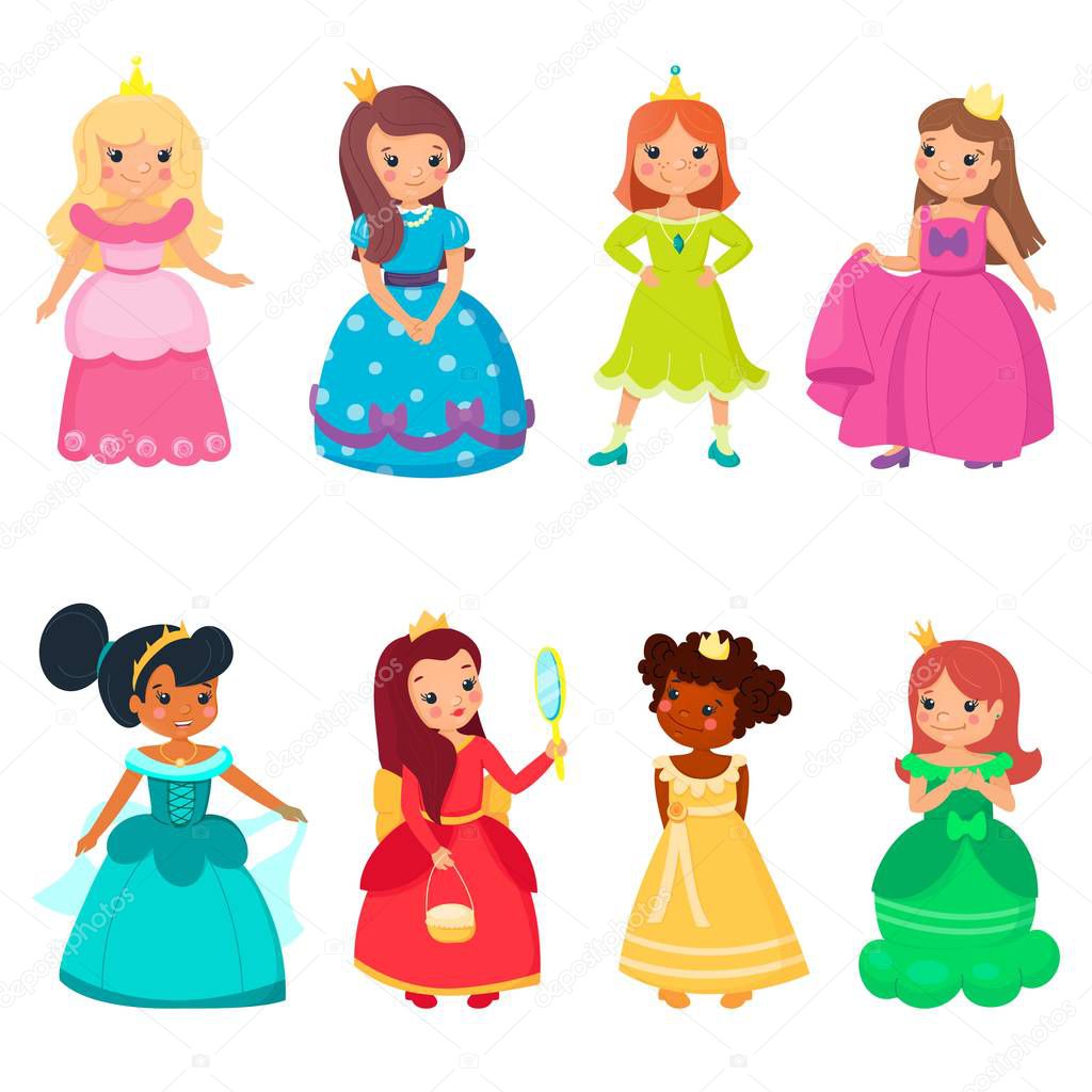 Little princesses in colorful beautiful dresses and gold crowns. Cute smiling queens. Set of fairy tale pretty kids. Cartoon style.