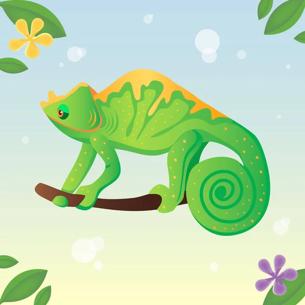 Iguana on the tree. Chameleon and leaves. Vector illustration. Cartoon — Stock Vector