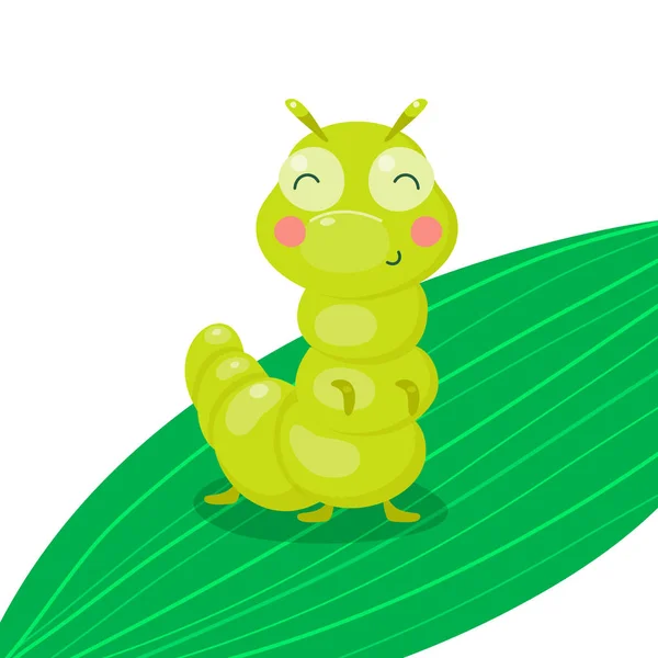 Verde divertido sonriente oruga linda en la hoja. Carácter insecto para bebé y niños. Ilustración vectorial, dibujos animados — Vector de stock