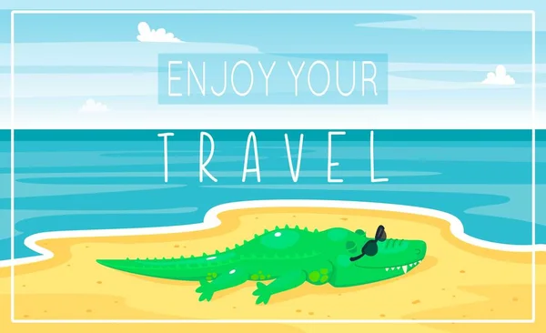 Détendez-vous adorable crocodile mignon sur la plage ensoleillée. Sable jaune et mer bleue. Belle bannière paysage d'été. Illustration vectorielle, dessin animé  . — Image vectorielle