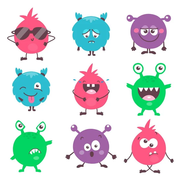 Set di simpatici cartoni animati mostri colorati con diverse emozioni. Divertenti emoticon emoji collezione per bambini. Personaggi fantasy. Illustrazioni vettoriali, cartone animato piatto — Vettoriale Stock