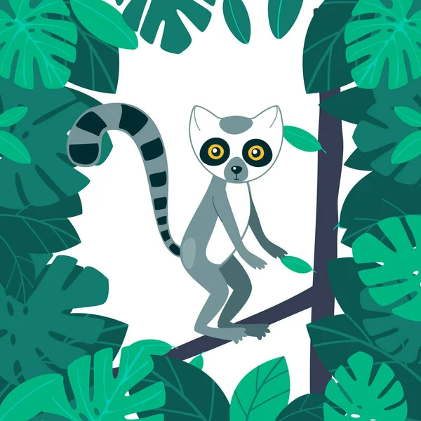 森の中のキツネザル縞模様の尾と大きな目を持つ面白い動物のキャラクター。子供のためのベクトル漫画のイラスト — ストックベクタ
