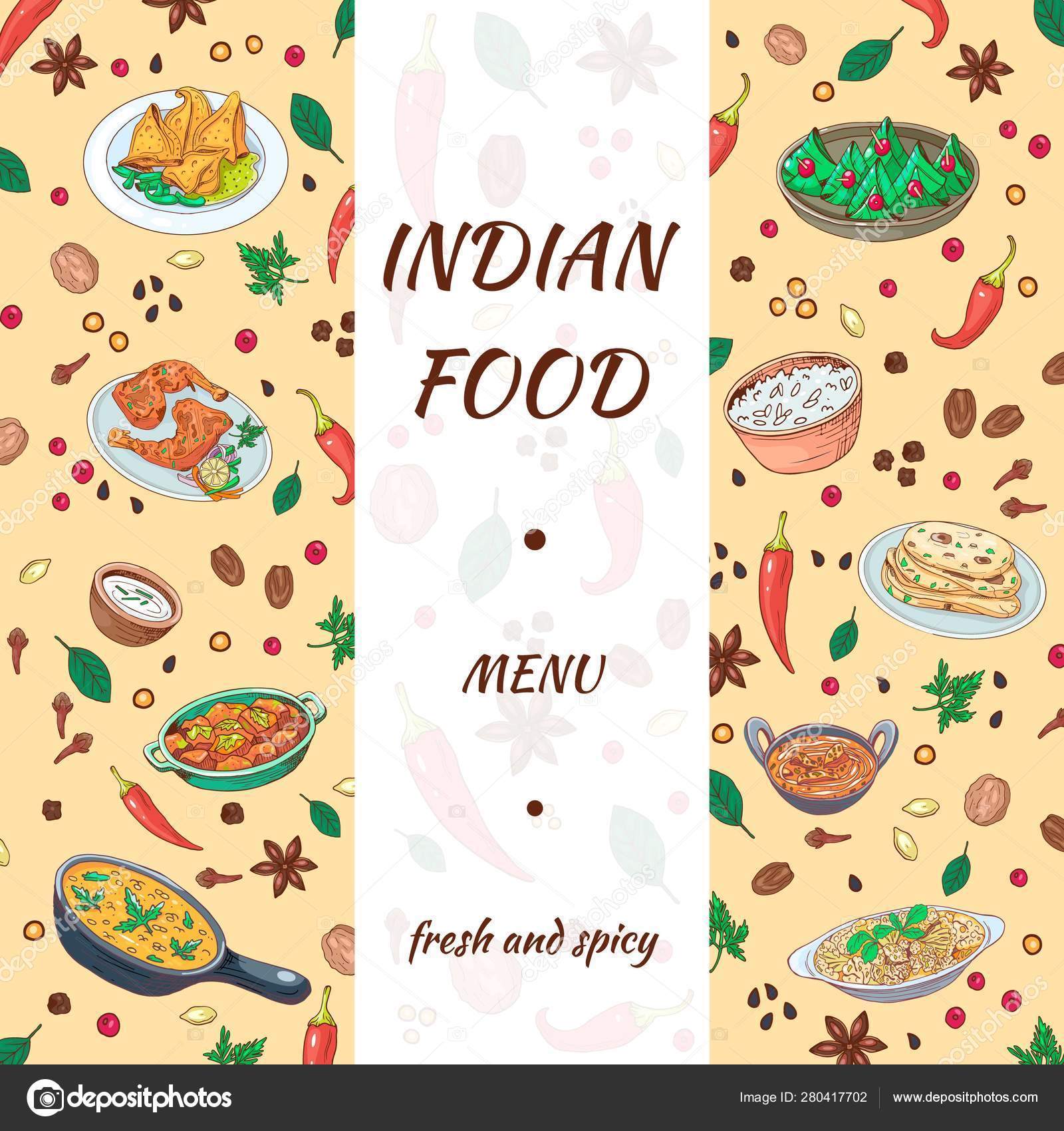 Hãy khám phá sự tinh tế và tài hoa của người thiết kế khi tạo ra một thực đơn ẩm thực Ấn Độ hoàn toàn bằng tay. Với những nét vẽ tinh xảo và sắc nét, thực đơn này chắc chắn sẽ khiến bạn thèm thuồng và muốn thưởng thức những món ăn tuyệt vời của Ấn Độ ngay lập tức.