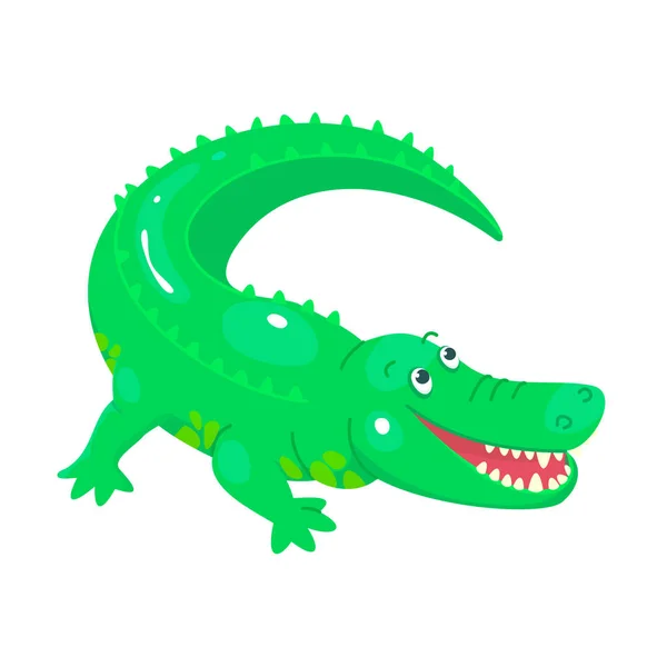 Crocodile dessin animé mignon pour les enfants graphiques. Vert adorable animal souriant. Style plat enfantin. Vecteur — Image vectorielle