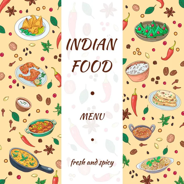 Menu indien dessiné à la main. Graphiques de cuisine asiatique avec un fond délicieux. Croquis légumes, épices et plats pour bannière café os restaurant. Vecteur — Image vectorielle