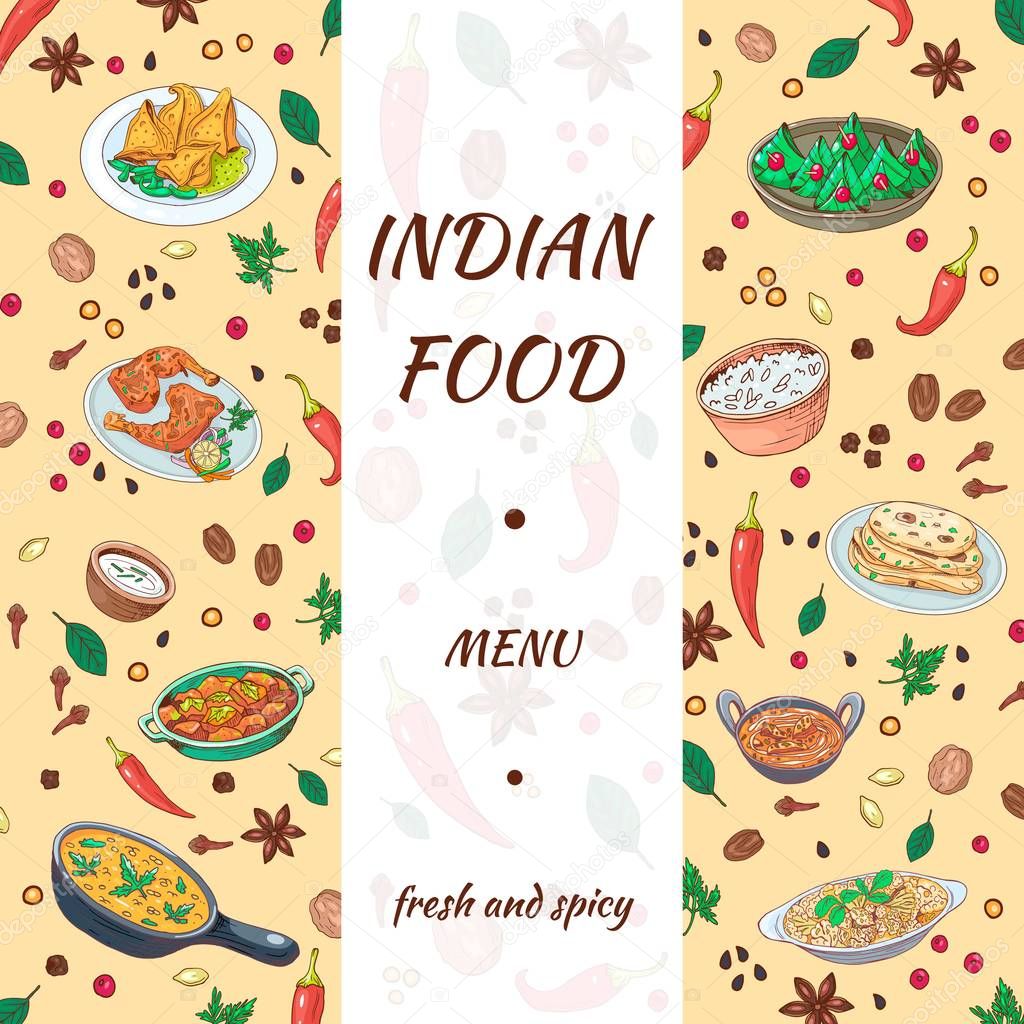 Indian food menu hand drawn design. Asian cuisine graphics with delicious background. Sketch vegetables, spices and dishes for cafe os restaurant banner. Vector