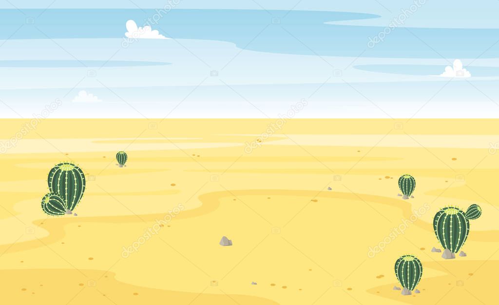 Desert with cactus landscape view. Sand and cacti. Beautiful sunny summer scene. Hot and wild. Vector cartoon flat