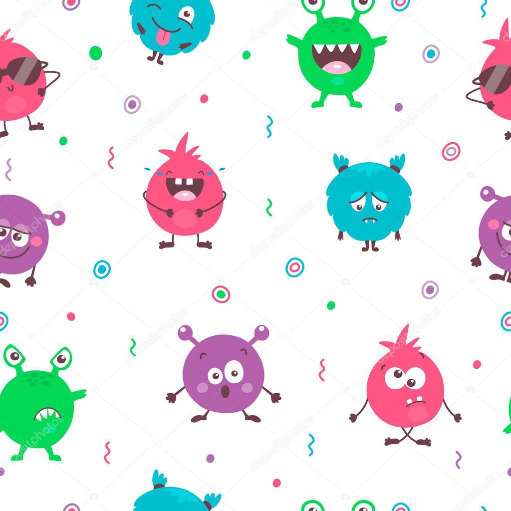 Seamless pattern of cute cartoon colorful monsters with different emotions. Funny emoticons emojis collection for kids. Fantasy characters. Vector illustrations, cartoon flat