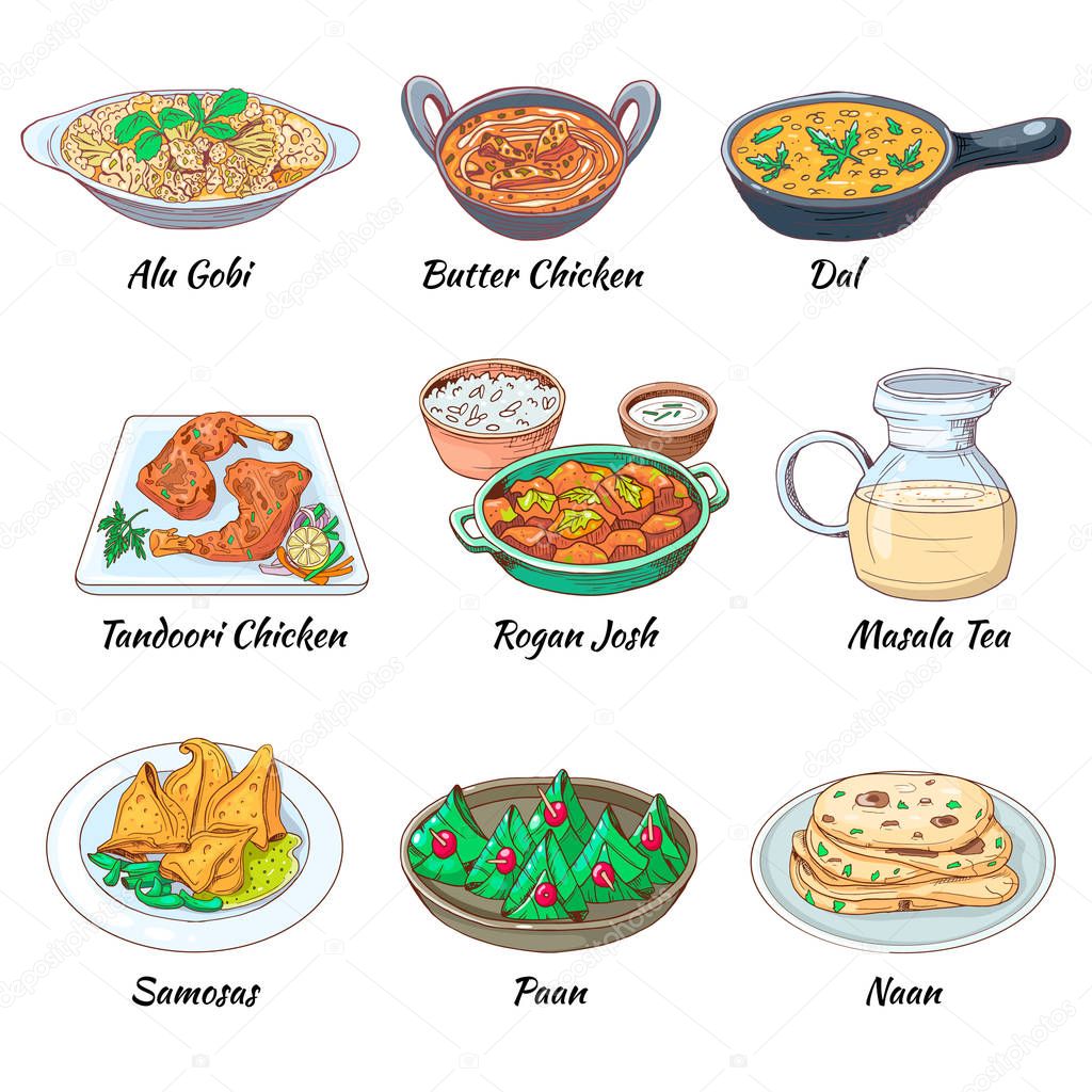 Indian food set. Asian traditional cuisine collection with different dishes and drink. Masala tea and Dal, Butter chicken and alu gobi, samosas and paan naan. Vector hand drawn