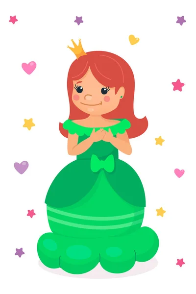 小公主在绿色美丽的礼服和金冠。可爱的微笑女王。童话漂亮的孩子卡通风格。向量 — 图库矢量图片