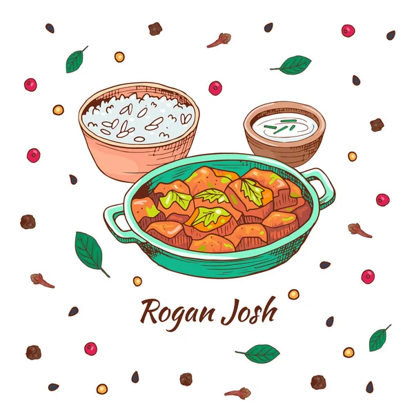 Nourriture indienne rogan josh. Plat traditionnel asiatique avec différentes épices. Vecteur dessiné à la main — Image vectorielle