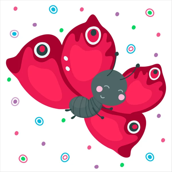 Cute cartoon smiling butterfly. Red flying funny insect for baby design. Beautiful kind animal. Vector — Stock Vector