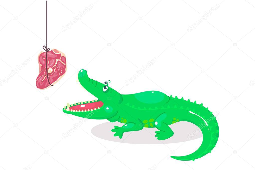 Cute cartoon crocodile for children graphics. Green alligator with piece of meat. Predator and meal. Animal feeding. Flat childish style. Vector