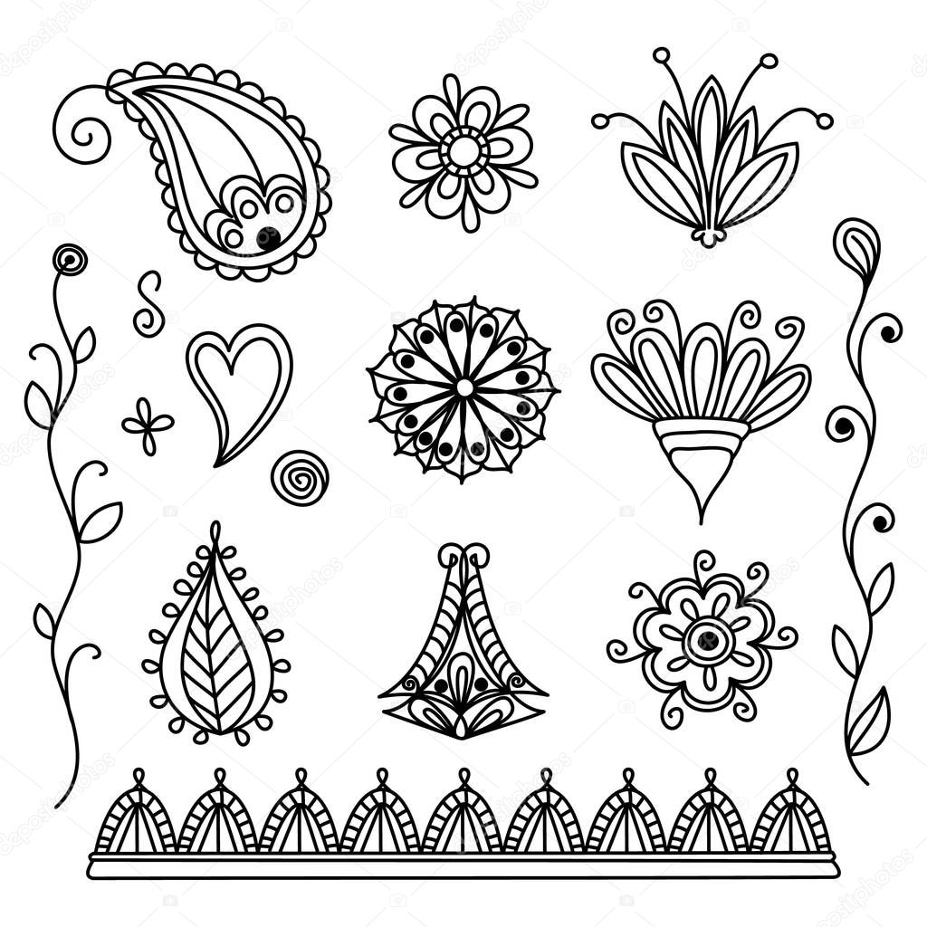 Set of simple indian mehendi. Henna collection with doodle swirls and flowers. Vector illustration