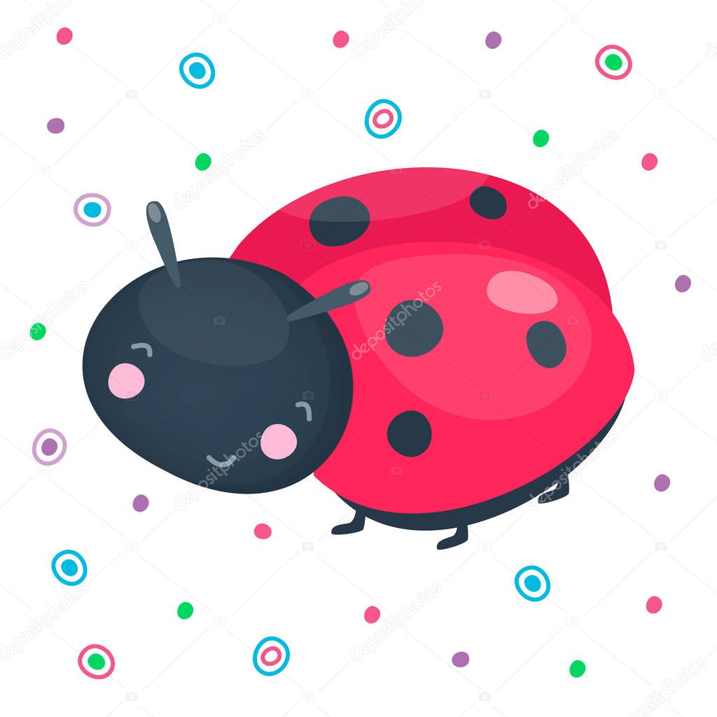 Cute cartoon smiling ladybug. Red with dots adorable funny insect for baby design. Beautiful kind animal. Vector