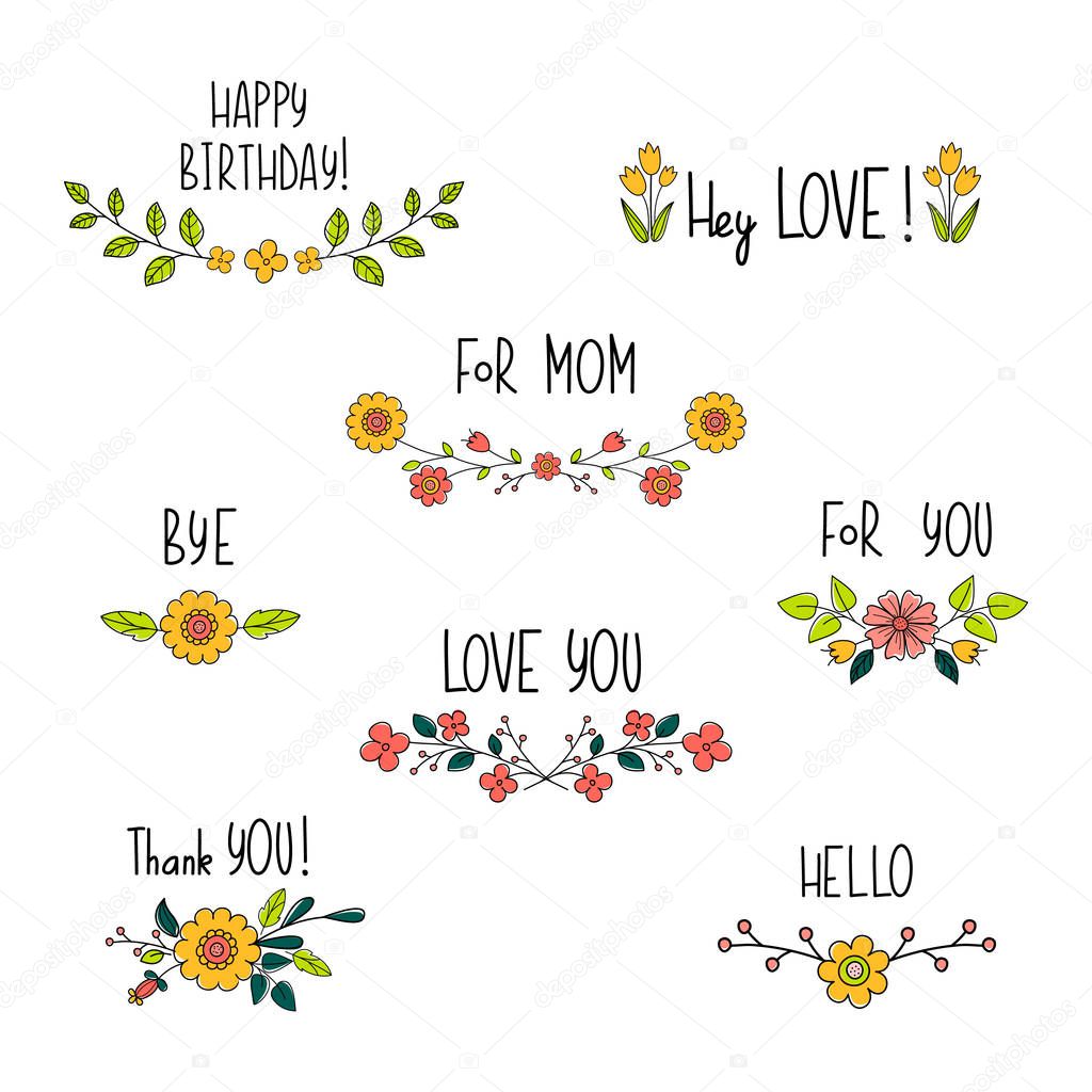 Doodle flower compositions with hand drawn text. Floral lettering for cards and postcards. Wedding and happy birthday compositions. Invitation and greeting design. Vector cartoon