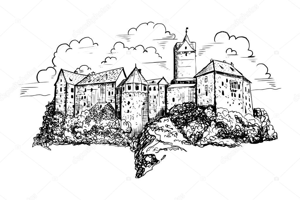 Czech castle sketch illustration. Hand drawn ink landscape with ancient architecture in Europe. Building graphic