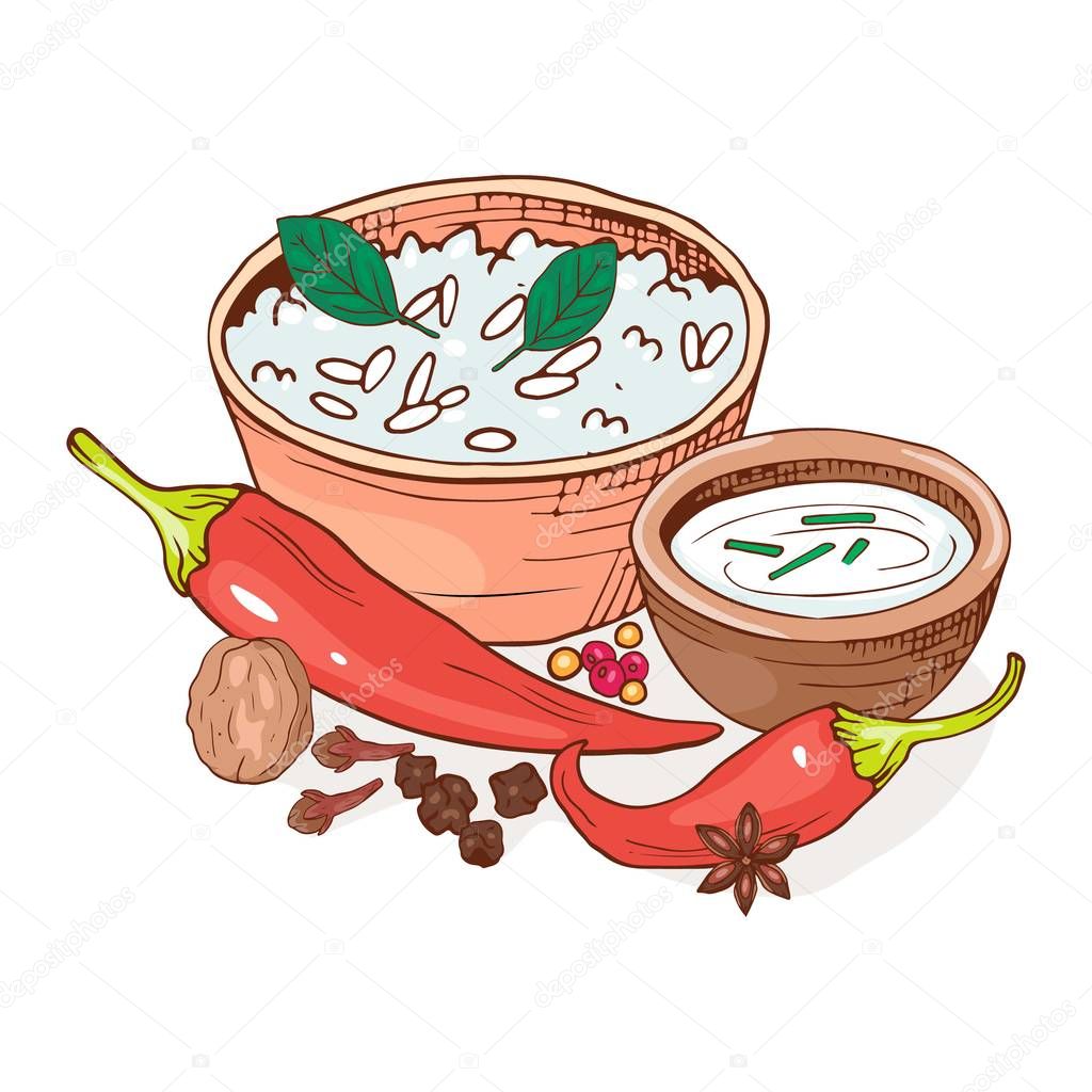 Vegan healthy food composition with bowl of rice and sour cream plate, pepper and nut. Indian cuisine. Asian traditional meal. Vector hand drawn