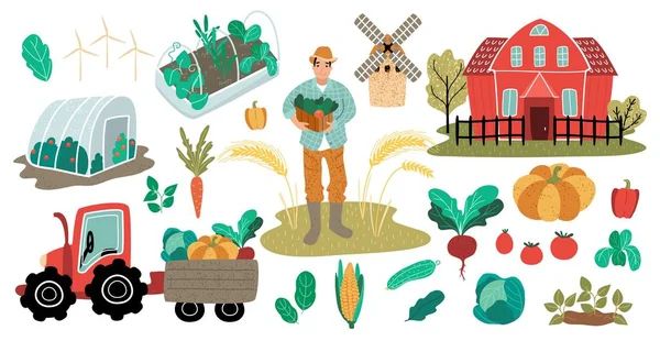 収穫の農夫の男。温室と野菜園のある農場の赤い家。トレーラーおよび作物が付いているトラクター。ベクトルイラスト、漫画フラットスタイル。ファンキー — ストックベクタ