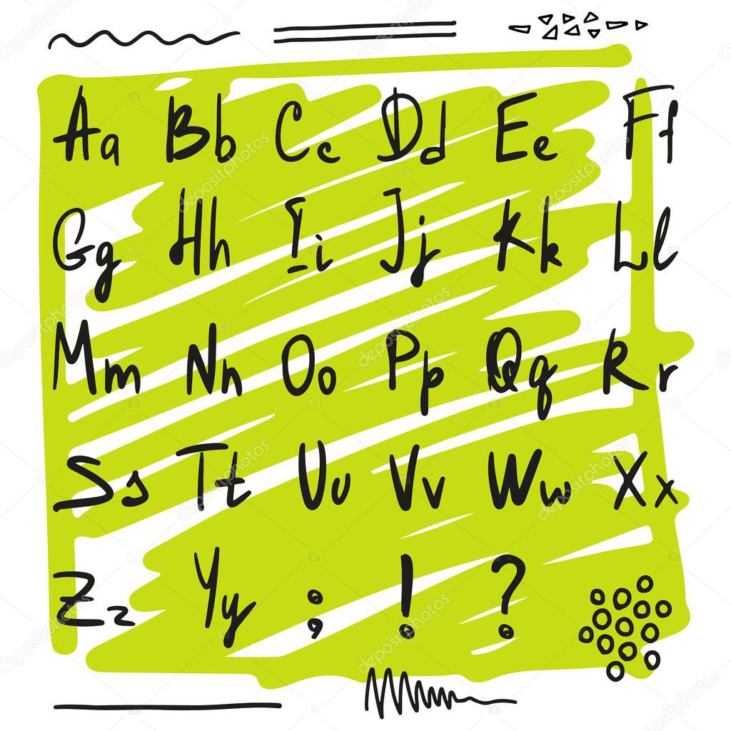 Hand drawn alphabet on the green scribble background. Handwritten abc. Sketch simple style, vector