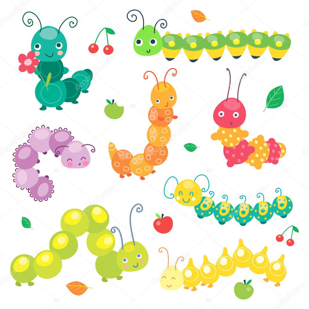 Green funny smiling cute caterpillar collection. Insect character for baby and children. Vector illustration, cartoon