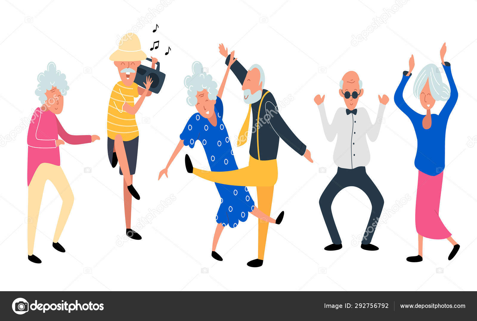 Dancing old people. Happy Aged women and men on the party. Laughing  grandfather with recorder player and music. Funky flat cartoon style.  Vector Stock Vector Image by ©Nesele #292756792
