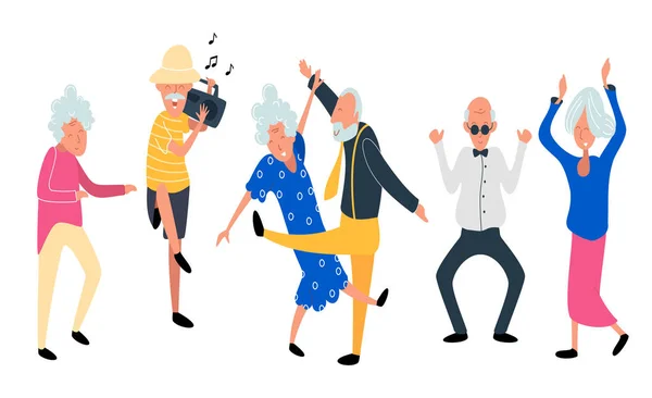 Dansen oude mensen. Gelukkige leeftijd vrouwen en mannen op het feest. Lachende grootvader met recorder speler en muziek. Funky platte cartoon stijl. Vector — Stockvector