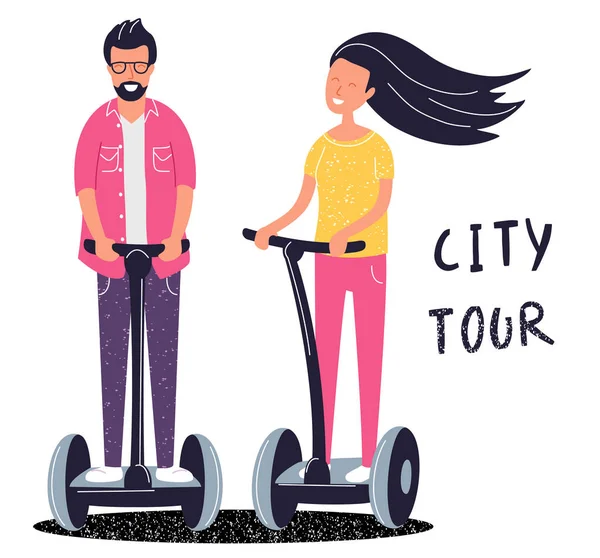 Electric scooter city tour concept. Boy and girl use eco transport for traveling. Active leisure. Vector illustration cartoon flat funky — Stock Vector