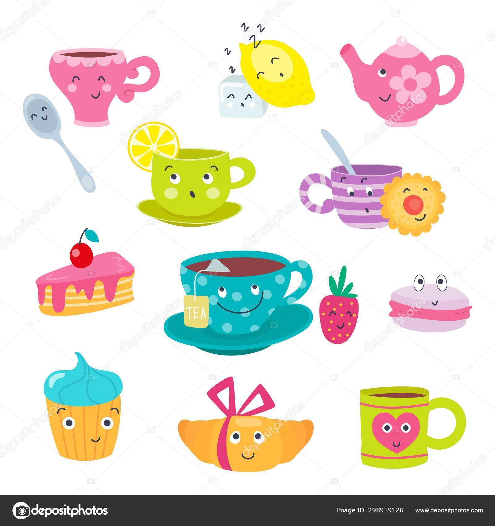 Funny cartoon tea cups faces with emotions. Cute mugs and sweets emojis