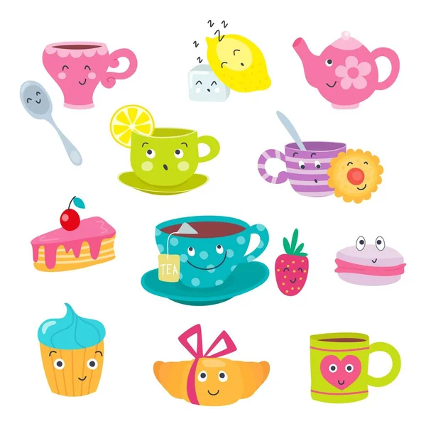 Funny cartoon tea cups faces with emotions. Cute mugs and sweets emojis. Teacups and teapot, cake and macaroon with smile. Vector illustration, cartoon style. — Stock Vector